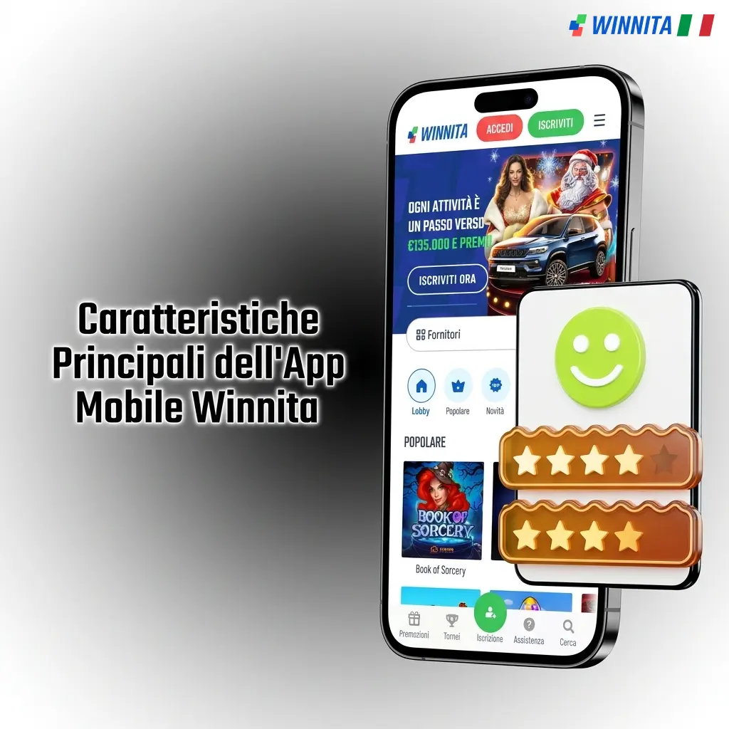 App mobile Winnita con pagamenti italiani, bonus fino a 3000 EUR, slot, scommesse live e licenza ADM