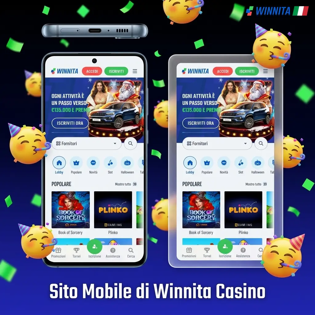 Sito mobile Winnita Casino su smartphone con layout responsive per giochi, scommesse live e cassa accessibili dal browser